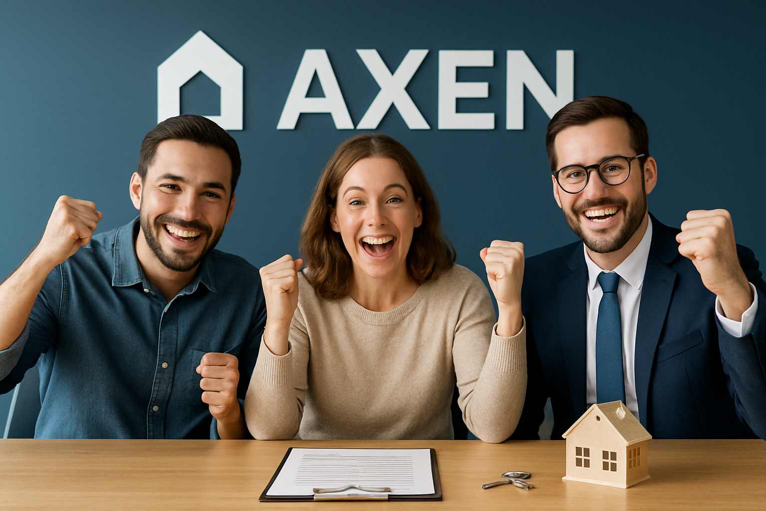 Happy clients closing a real estate deal with AXEN