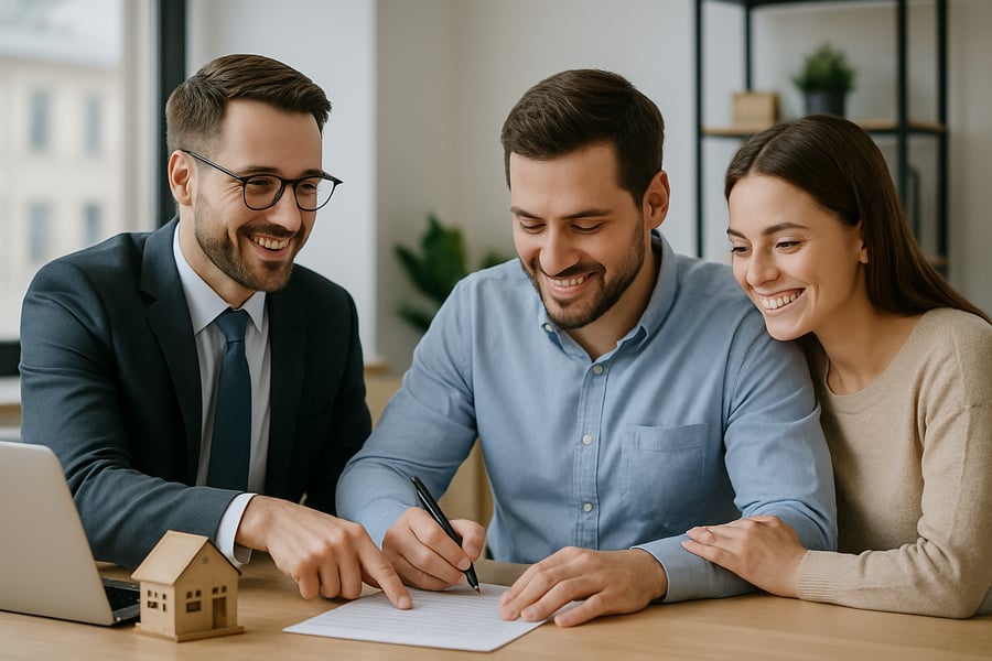 Professional real estate broker helping clients finalize a property deal Professional real estate broker helping clients finalize a property deal
